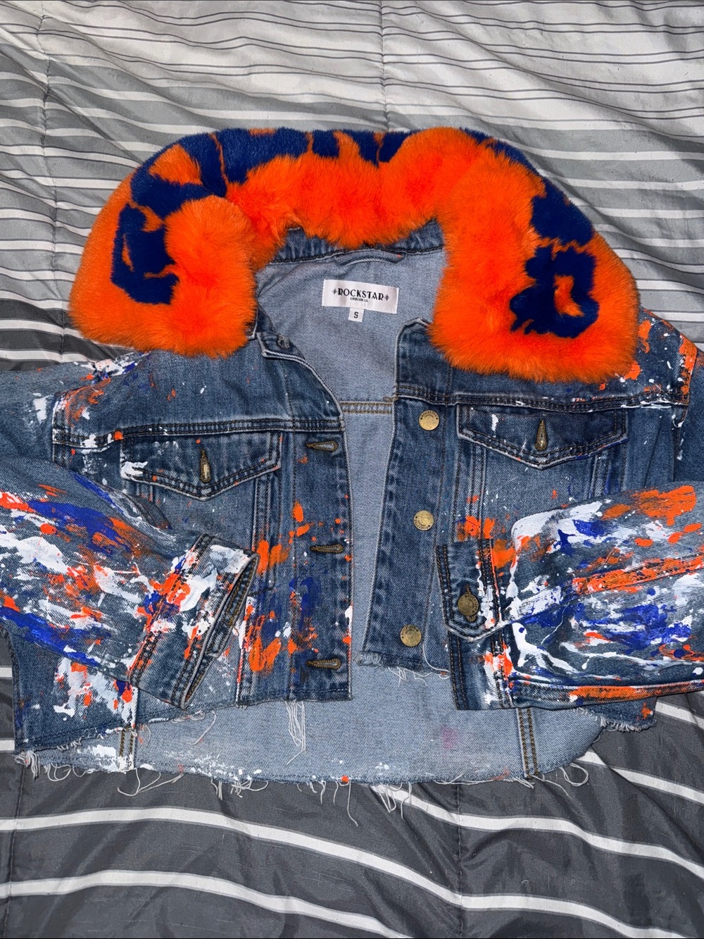 Rockstar Denim Women's Painted Jean Jacket with Orange & Blue Faux Fur Collar